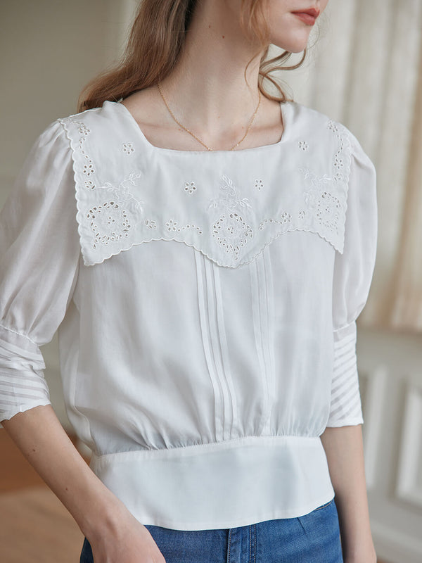Eliza Floral Embroidered Pleated White Blouse/Simple Retro/66087