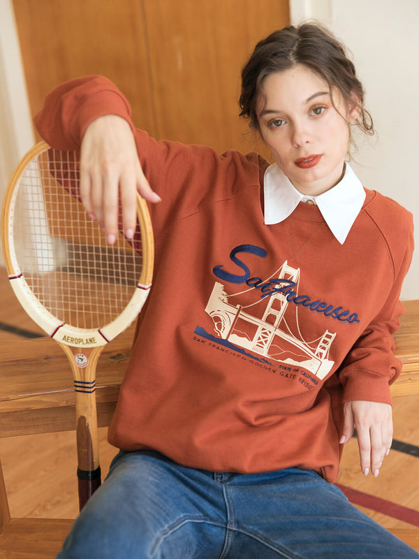 Lola Graphic Embroidery Crewneck Red Fleece Sweatshirt/Simple Retro/55152