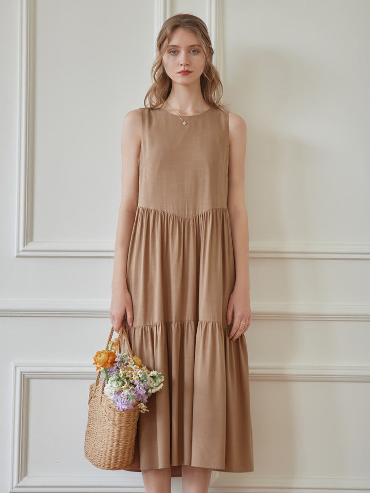 Alaia Sleeveless Khaki Midi Tiered Dress/simple retro
