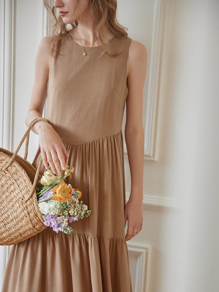 Alaia Sleeveless Khaki Midi Tiered Dress/simple retro