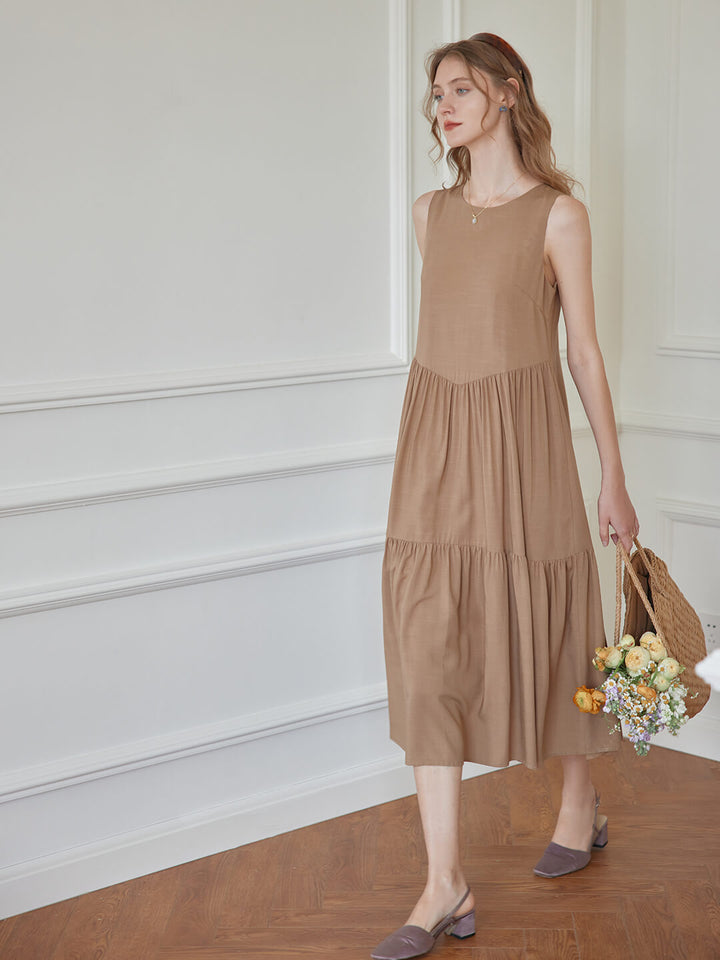 Alaia Sleeveless Khaki Midi Tiered Dress/simple retro