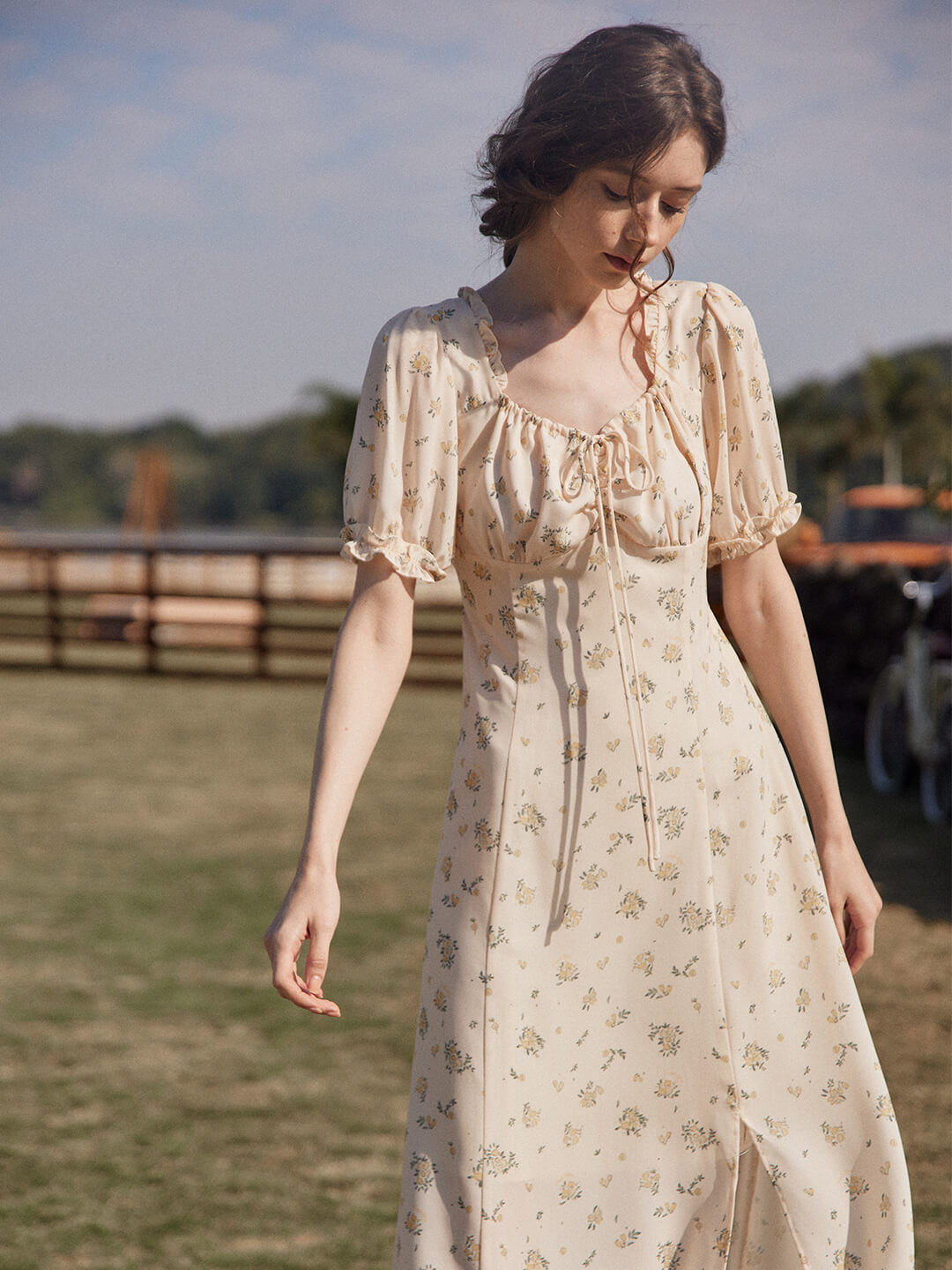 Magnolia Printed Floral Green Midi Dress/Simple Retro/11322