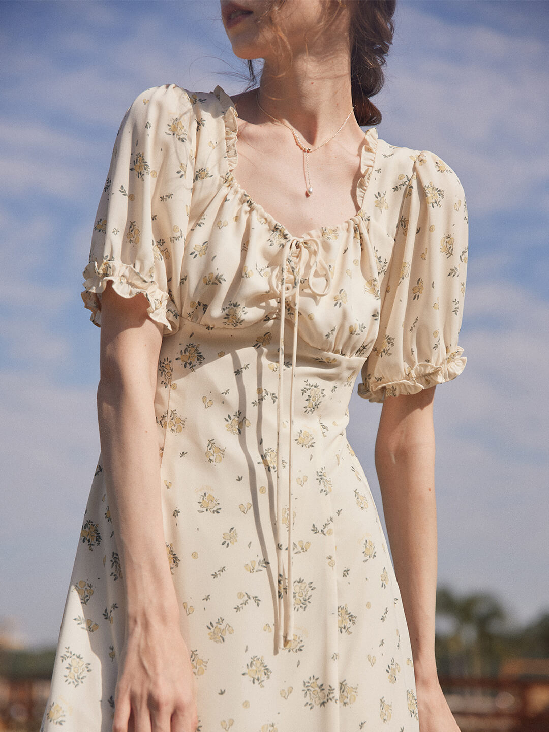 Magnolia Printed Floral Green Midi Dress/Simple Retro/11322