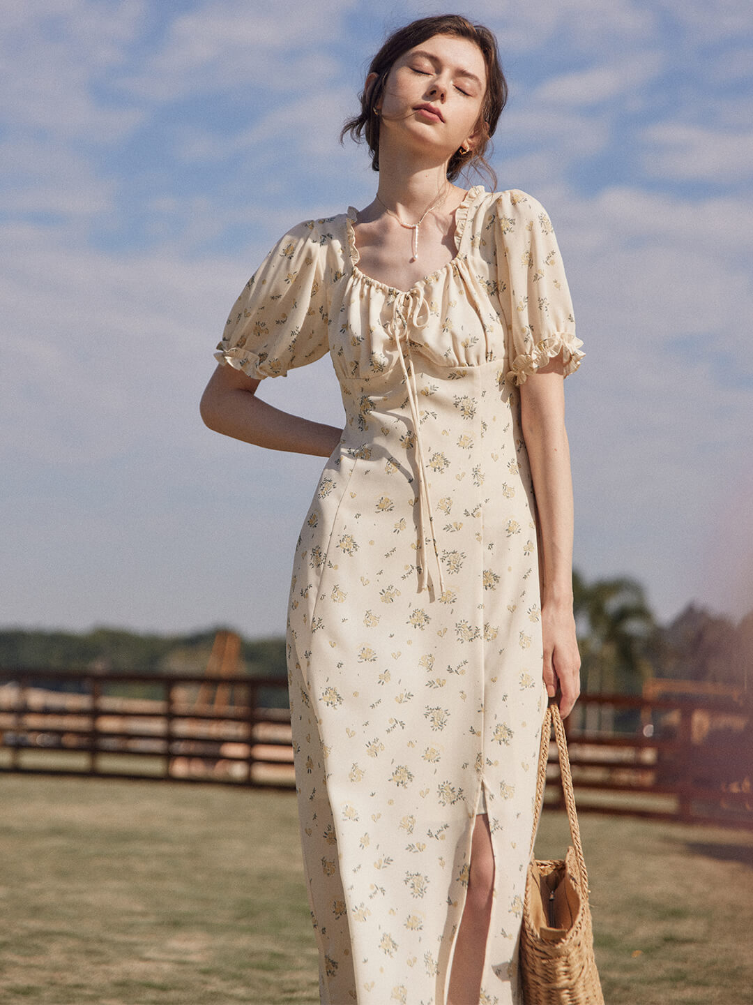 Magnolia Printed Floral Green Midi Dress/Simple Retro/11322