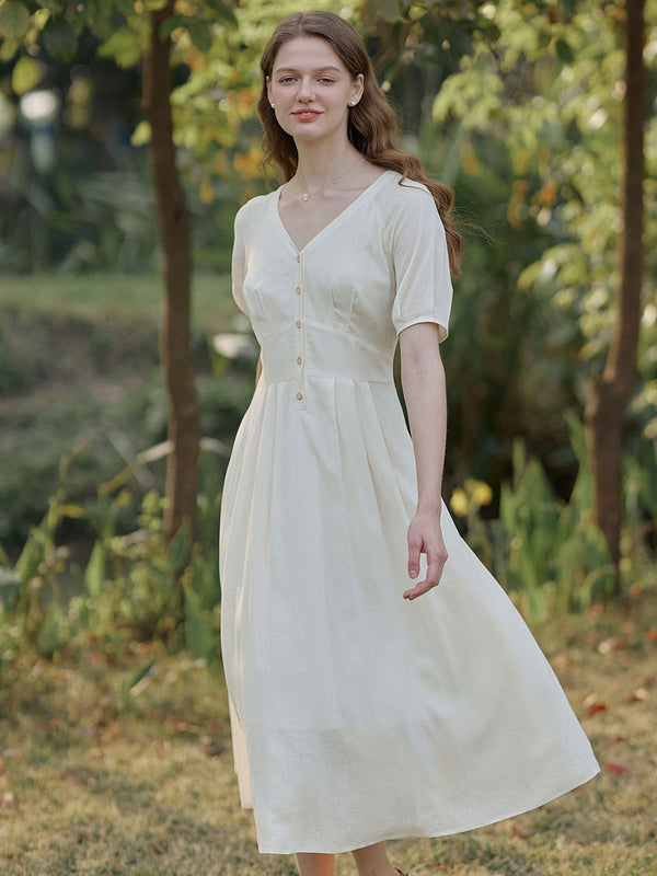 Megan Linen Blend V Neck White Dress