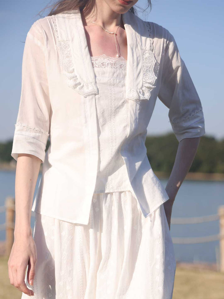 Jasmine Edwardian White Floral Embroidered Top/Simple Retro/66033