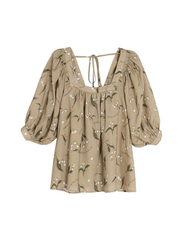 Convallaria Chowxiaodou Printed Khaki Loose Blouse/Simple Retro/55180