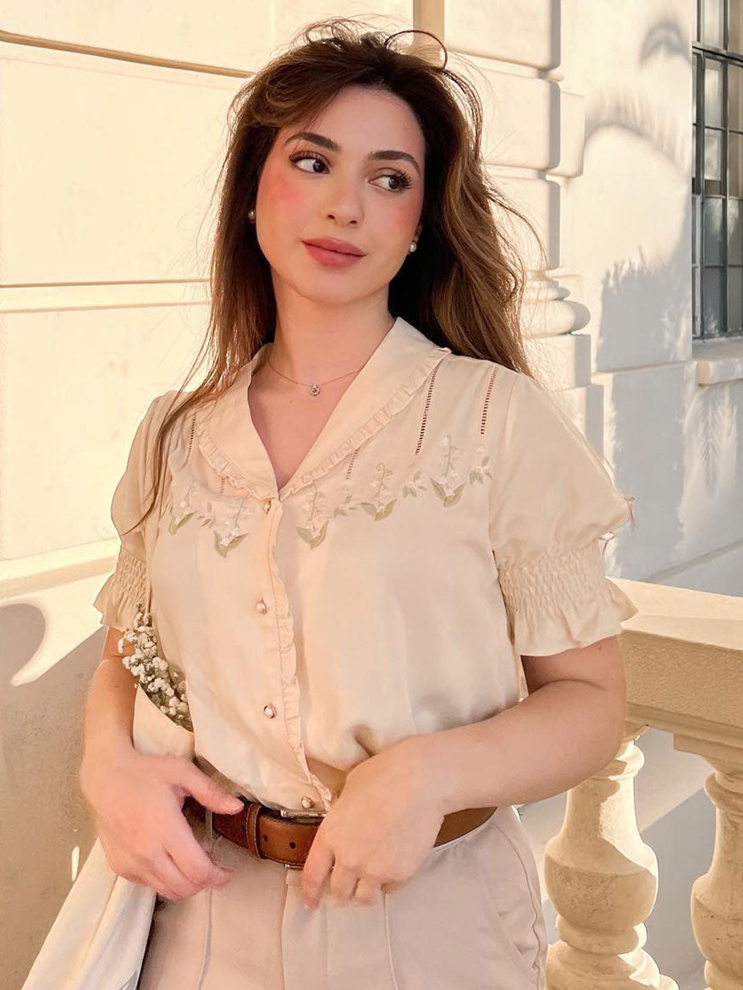 Convallaria Floral Embroidered Puff Top/Simple Retro/66042