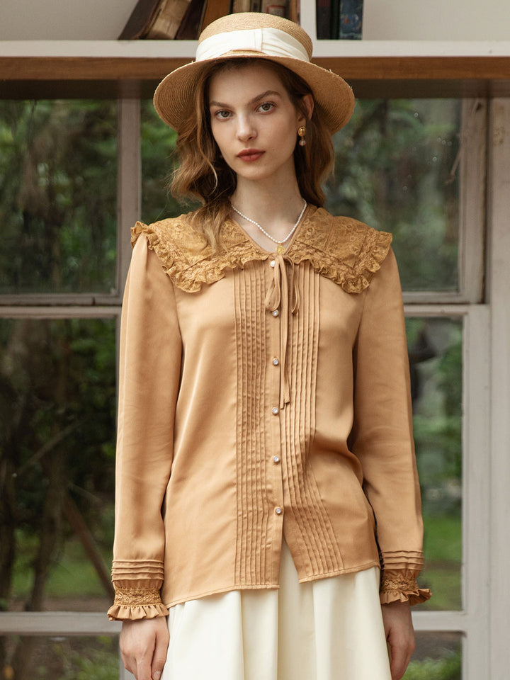Kiara Satin Lace Doll Collar Blouse/Simple Retro/11247