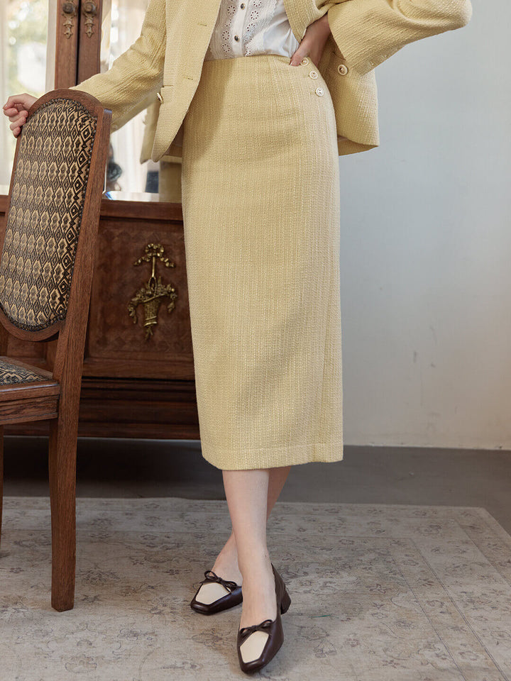 Meghan Vintage Yellow Midi Tweed Skirt/Simple Retro/22226