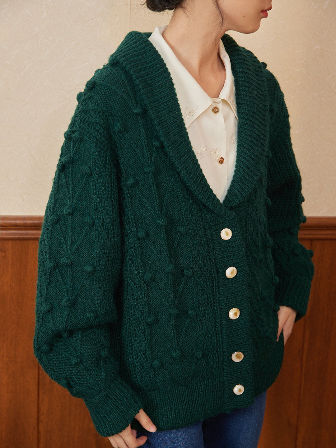 Nataly Cable Popcorn Chunky Green Knit Cardigan/Simple Retro/77017