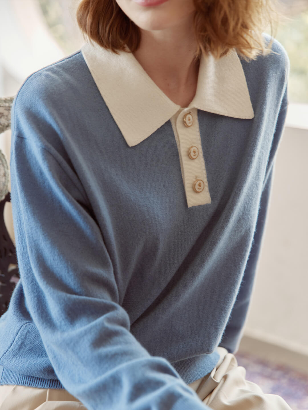 Selena Polo Contrast Collar 100% Wool Knit Sweater