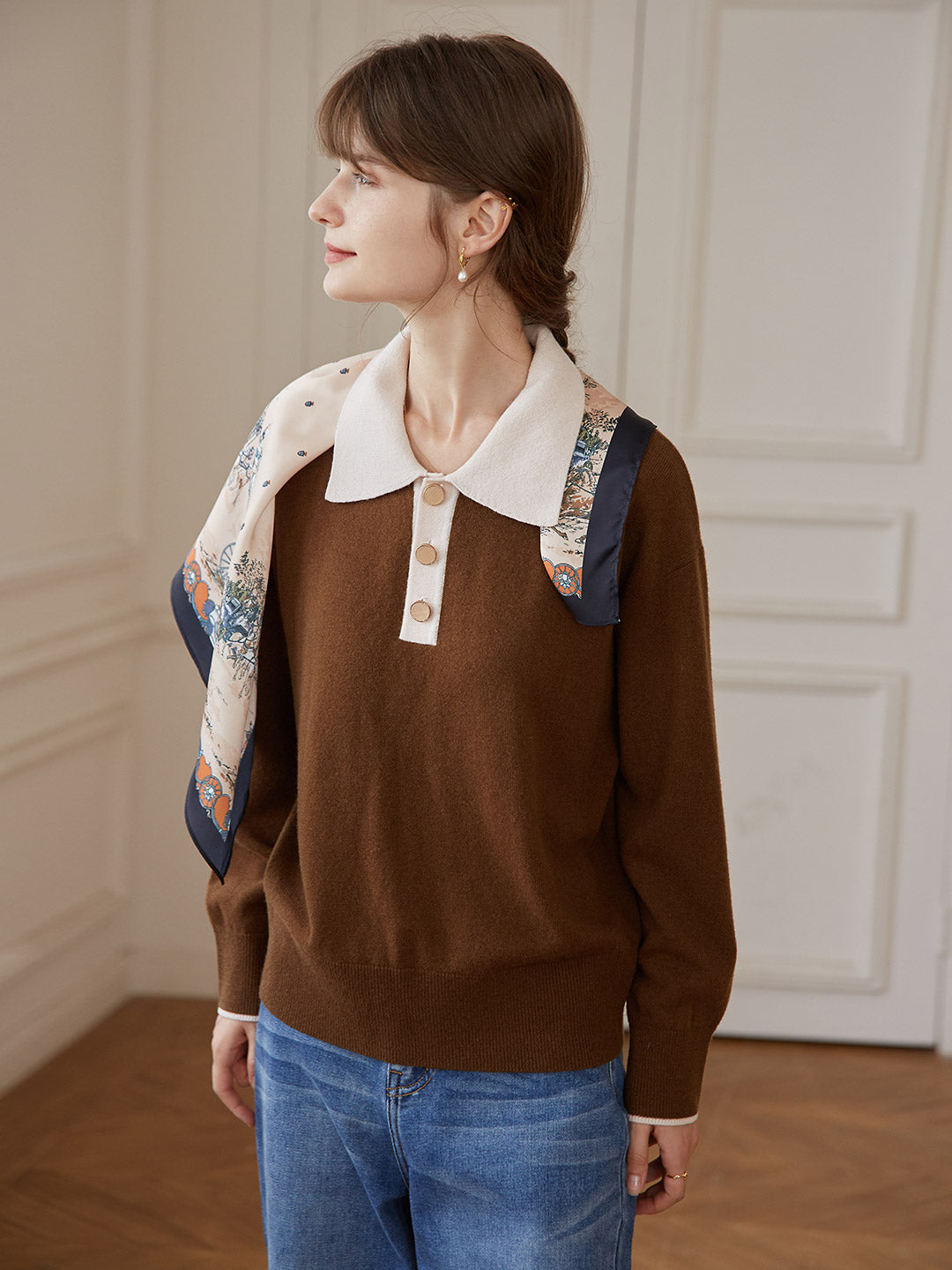 Selena Polo Contrast Collar 100% Wool Knit Sweater/Simple Retro/11519