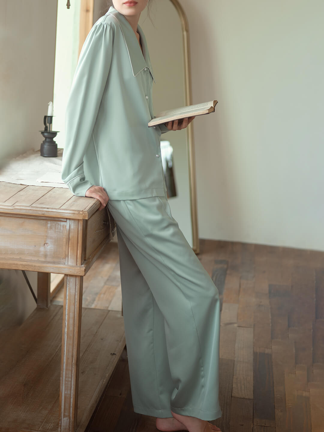 Lucia Satin Green Pyjama Set/Simple Retro/77001