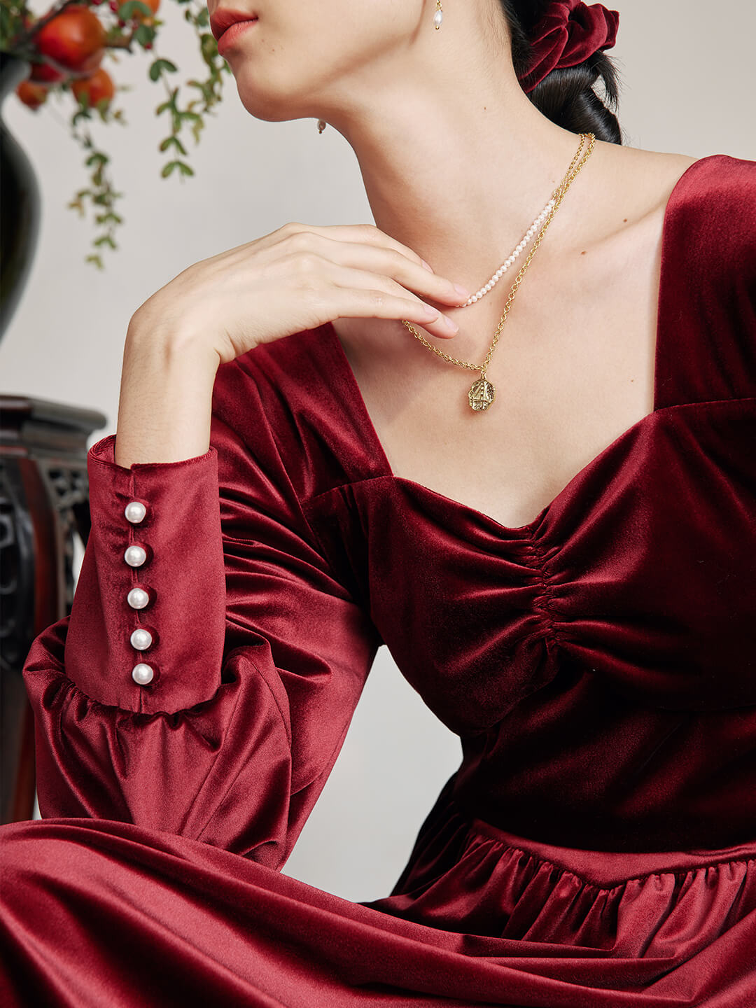 Imani Puff Sleeves Red Midi Velvet Dress/Simple Retro/11300