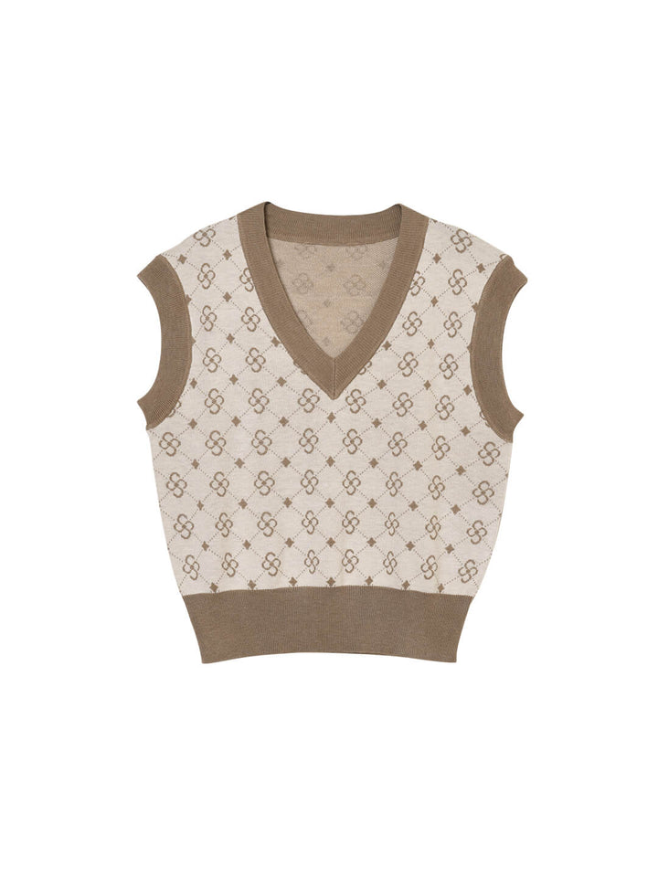Emily Patterned Brown Vest Sweater/SIMPLERETRO