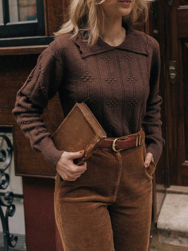 Jasmine Cable Polo Brown Knit Sweater
