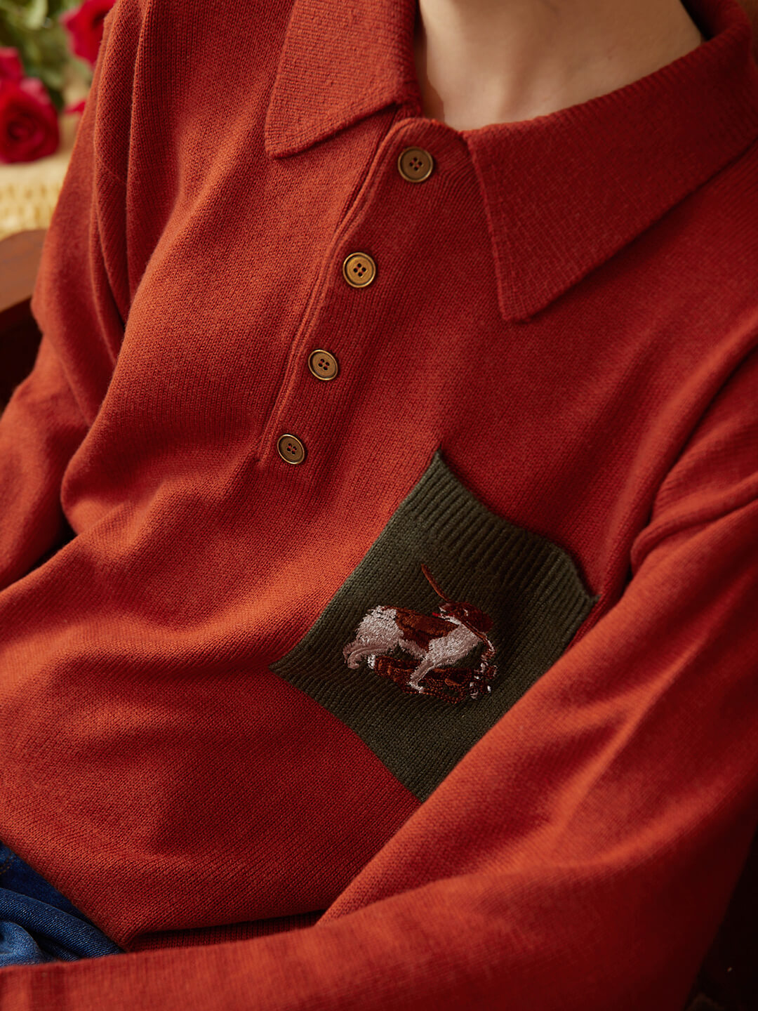 Raquel Polo Embroidery Christmas Red Knit Sweater/Simple Retro/55125