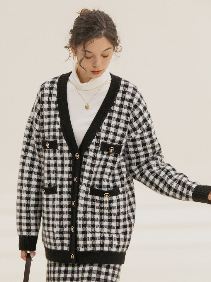 Ansley Checkerboard Black Knit Cardigan/Simple Retro/66014