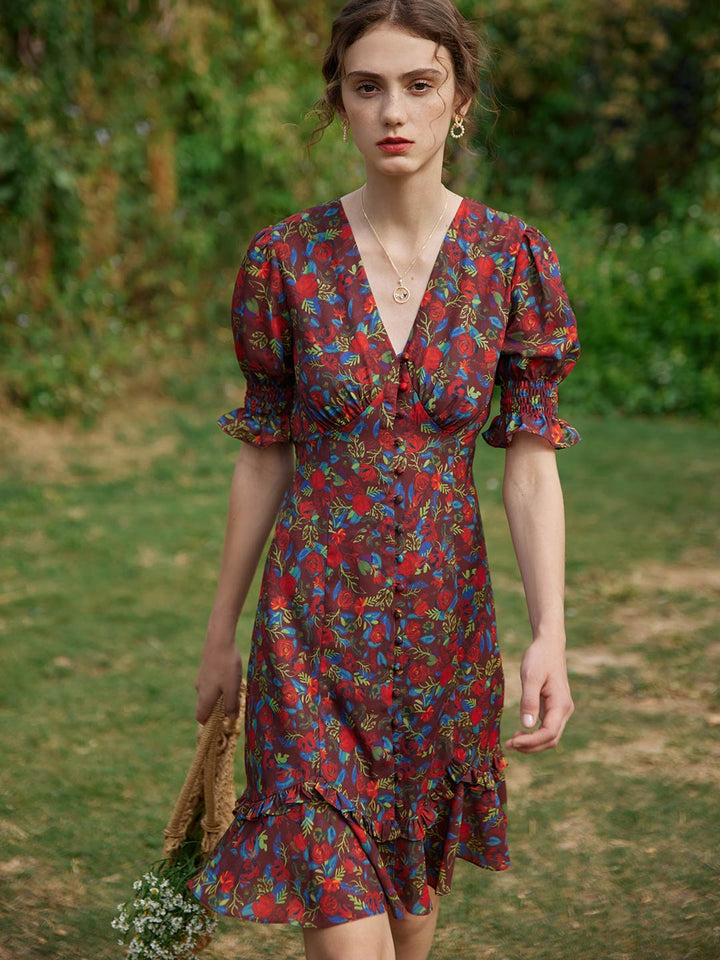 Kora Floral Printed Midi Dress/Simple Retro/1200039