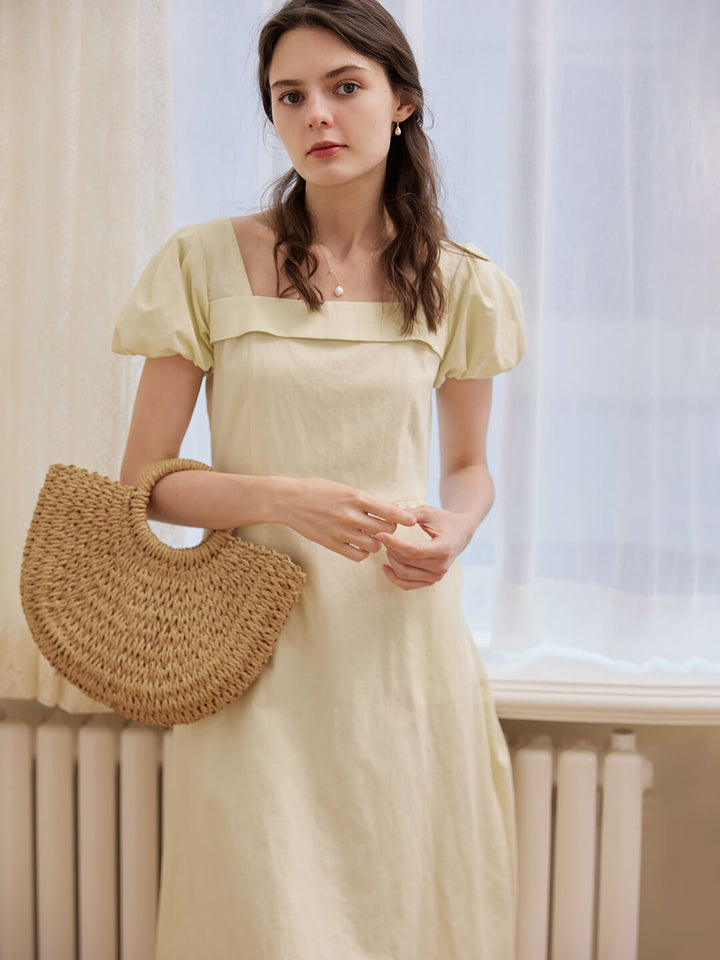 Sandra Puff Sleeve Creamy Midi Dress/SIMPLERETRO