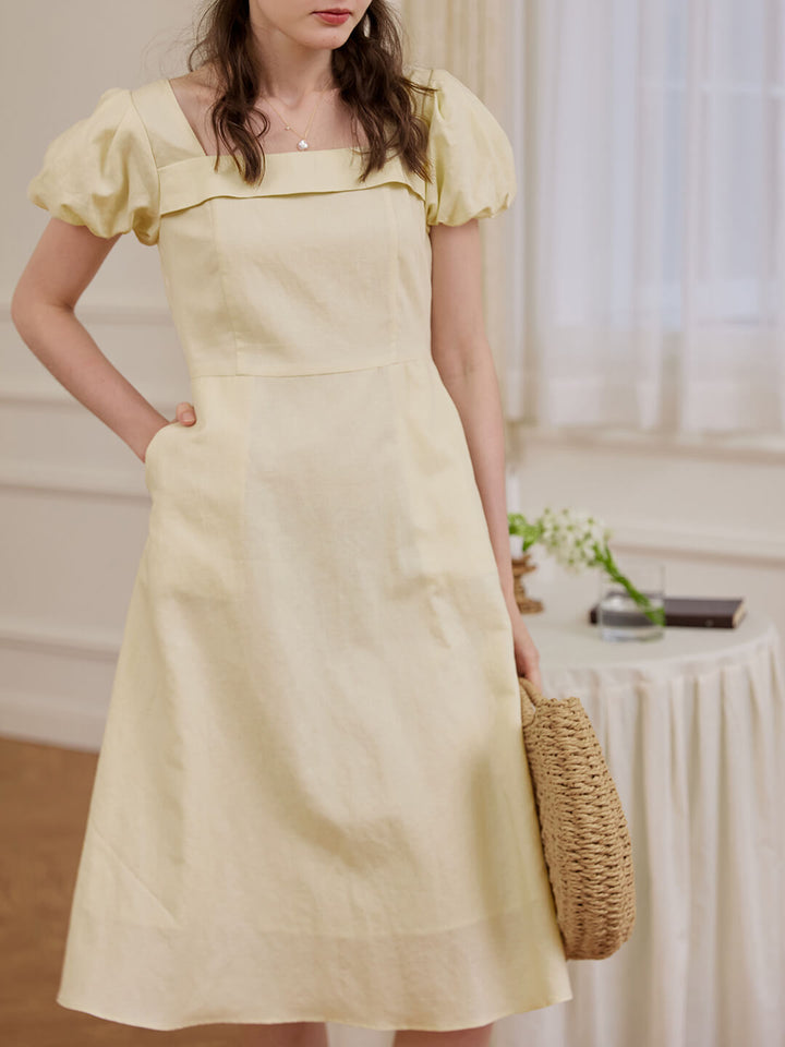 Sandra Puff Sleeve Creamy Midi Dress/SIMPLERETRO