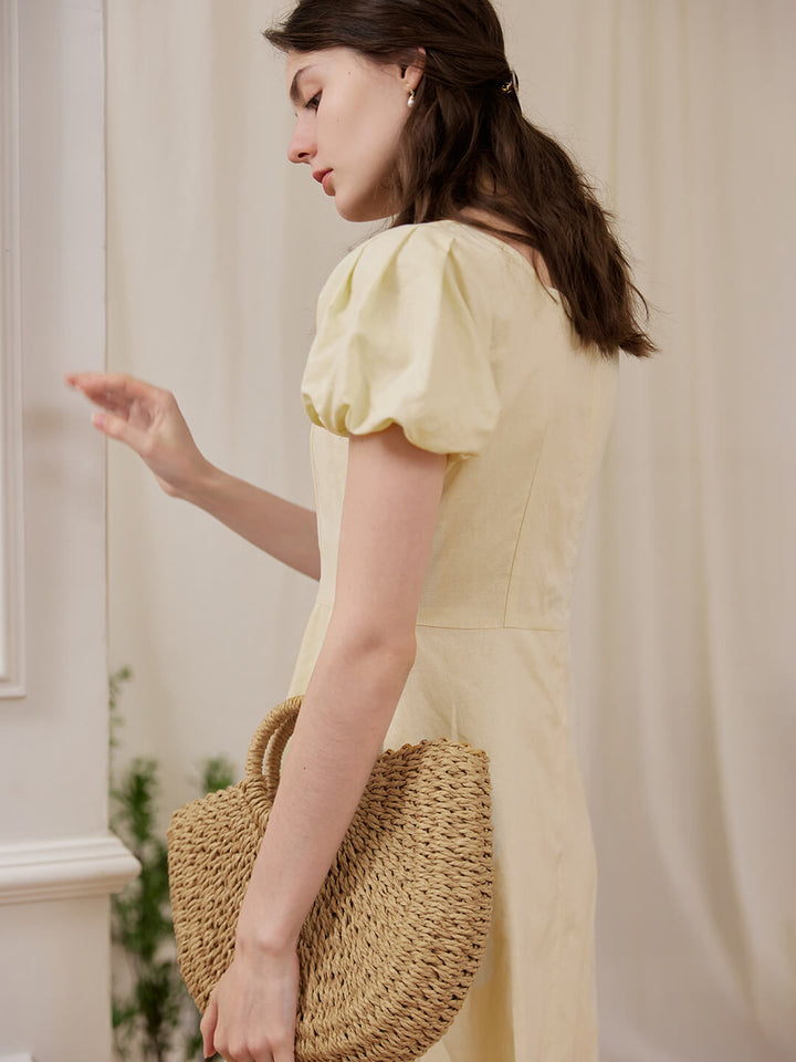 Sandra Puff Sleeve Creamy Midi Dress/SIMPLERETRO