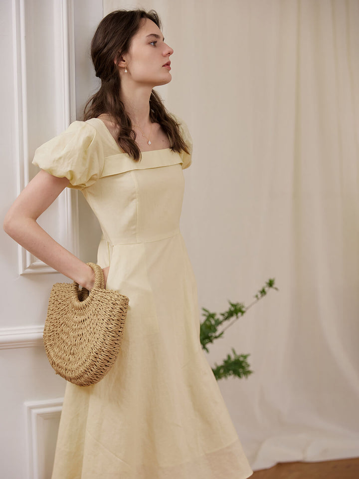 Sandra Puff Sleeve Creamy Midi Dress/SIMPLERETRO
