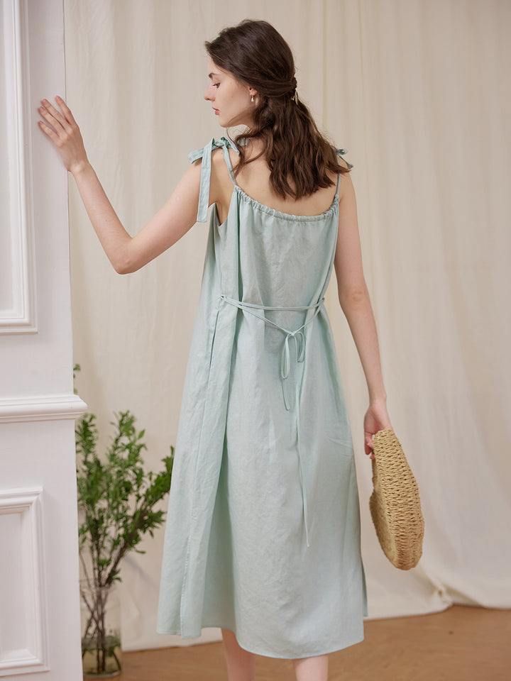 Yasmin Linen Blue Slip Dress/simple retro