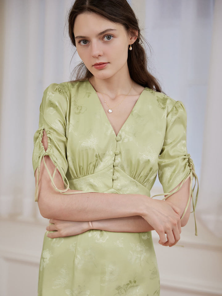 Kora Retro Floral Jacquard Green Tea Length Dress/SIMPLE RETRO