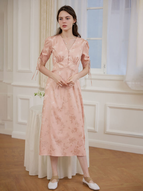 Kora Retro Floral Jacquard Pink Tea Length Dress/SIMPLE RETRO