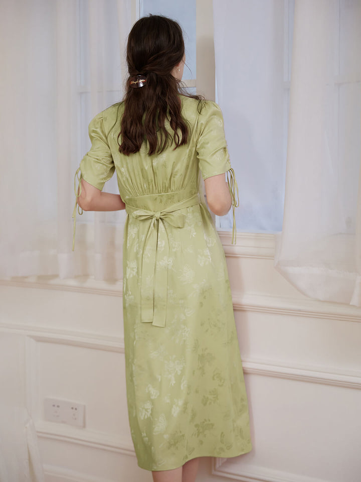 Kora Retro Floral Jacquard Green Tea Length Dress/SIMPLE RETRO