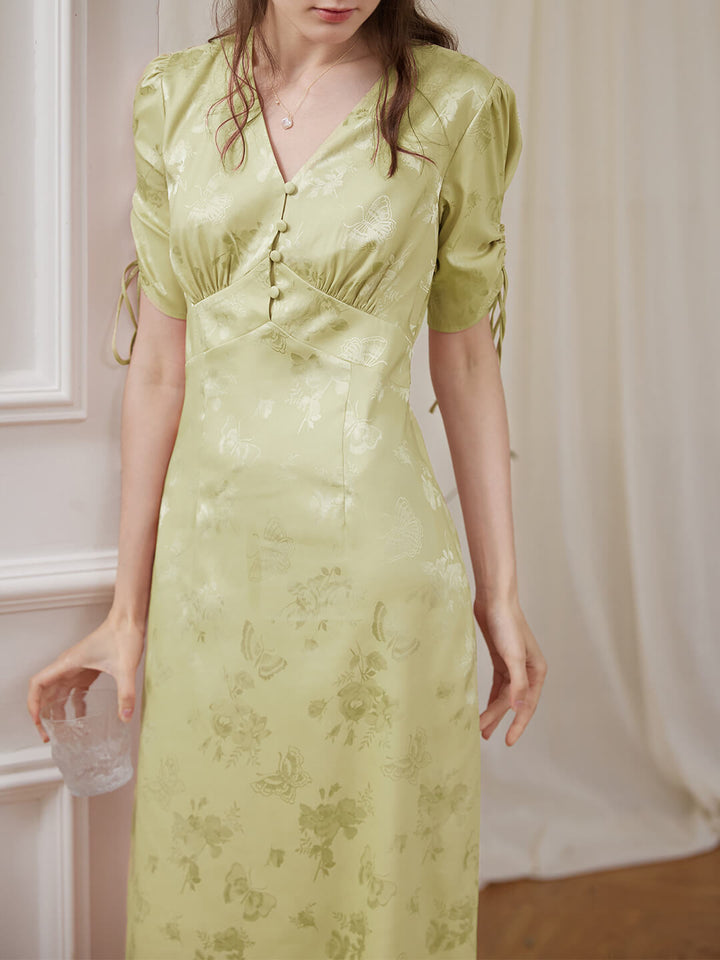 Kora Retro Floral Jacquard Green Tea Length Dress/SIMPLE RETRO
