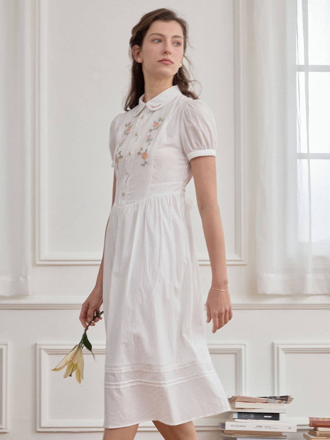 【Final Sale】Maryam Floral Embroidery Puff Sleeve Button Front Shirt Dress