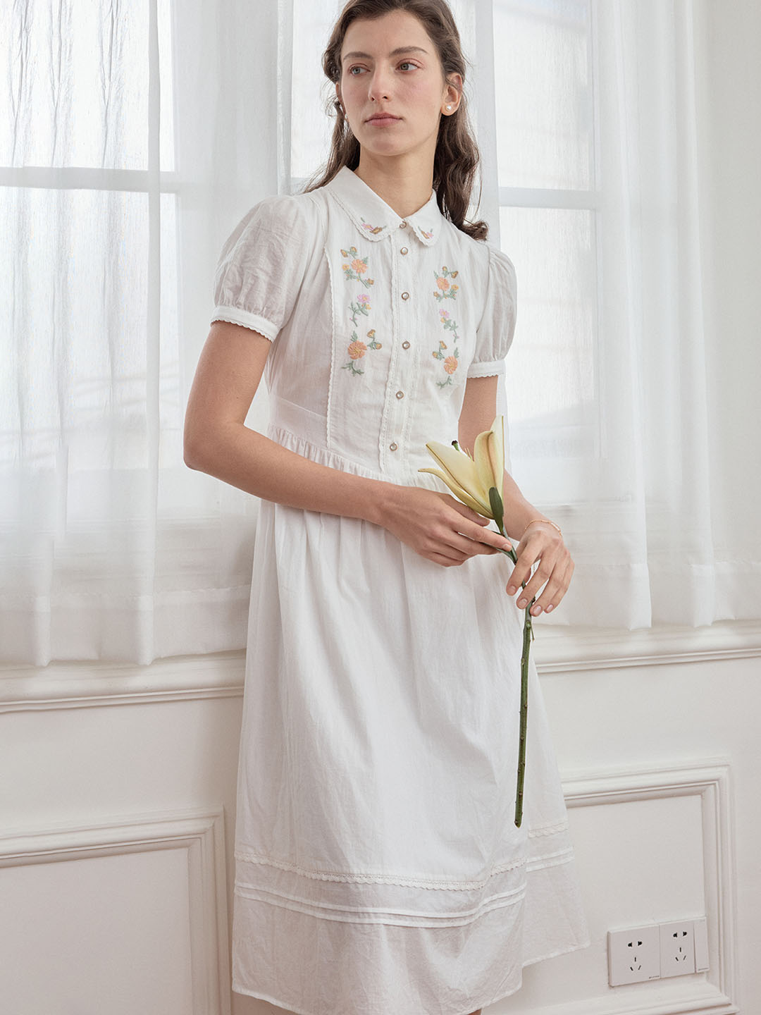 【Final Sale】Maryam Floral Embroidery Puff Sleeve Button Front Shirt Dress