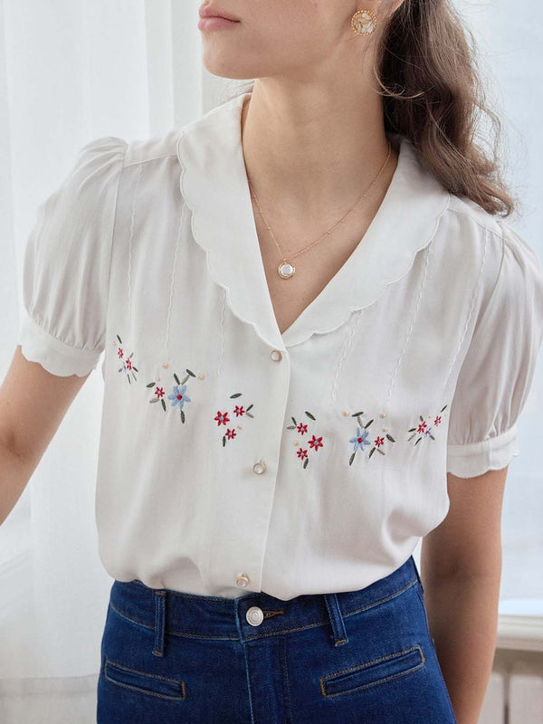 Mylah Wavy Neck Embroidered Short Sleeve Blouse