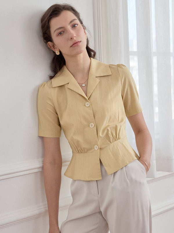 Helena Lapel Yellow Short Sleeve Blouse