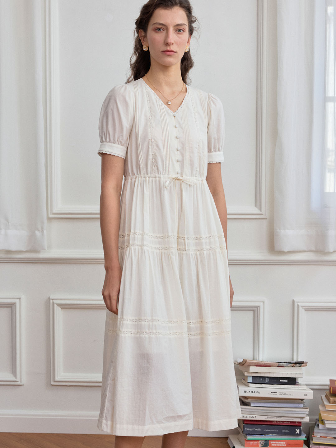 Hattie V-Neck Puff Sleeve Lace Panel Dress