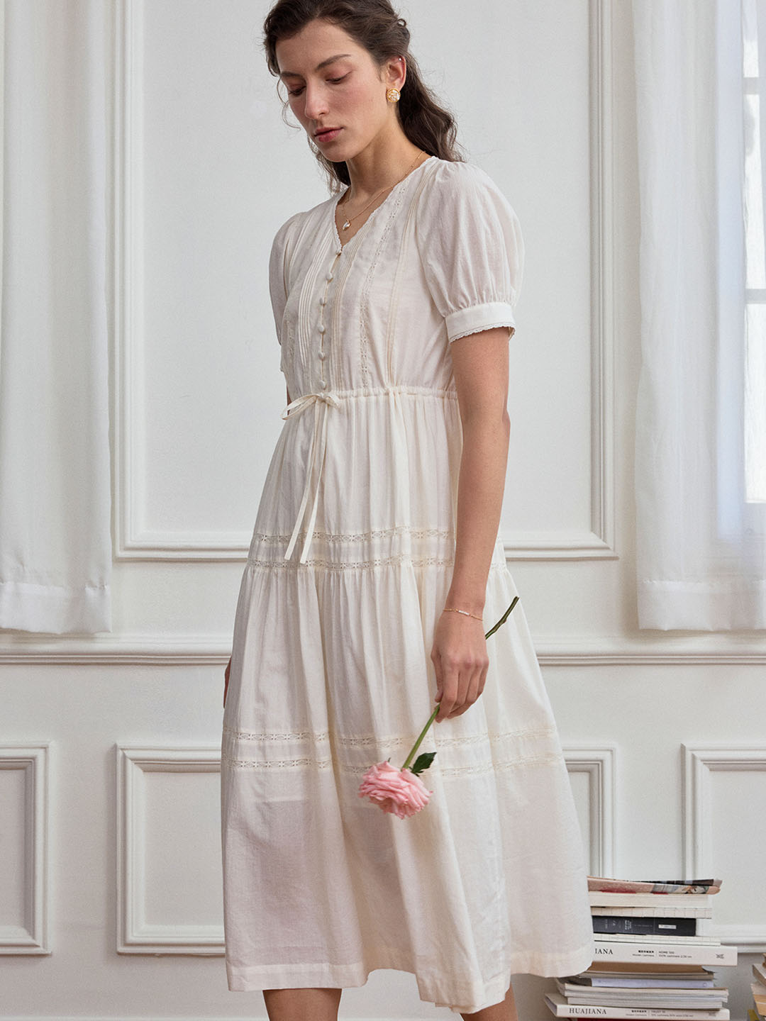 Hattie V-Neck Puff Sleeve Lace Panel Dress