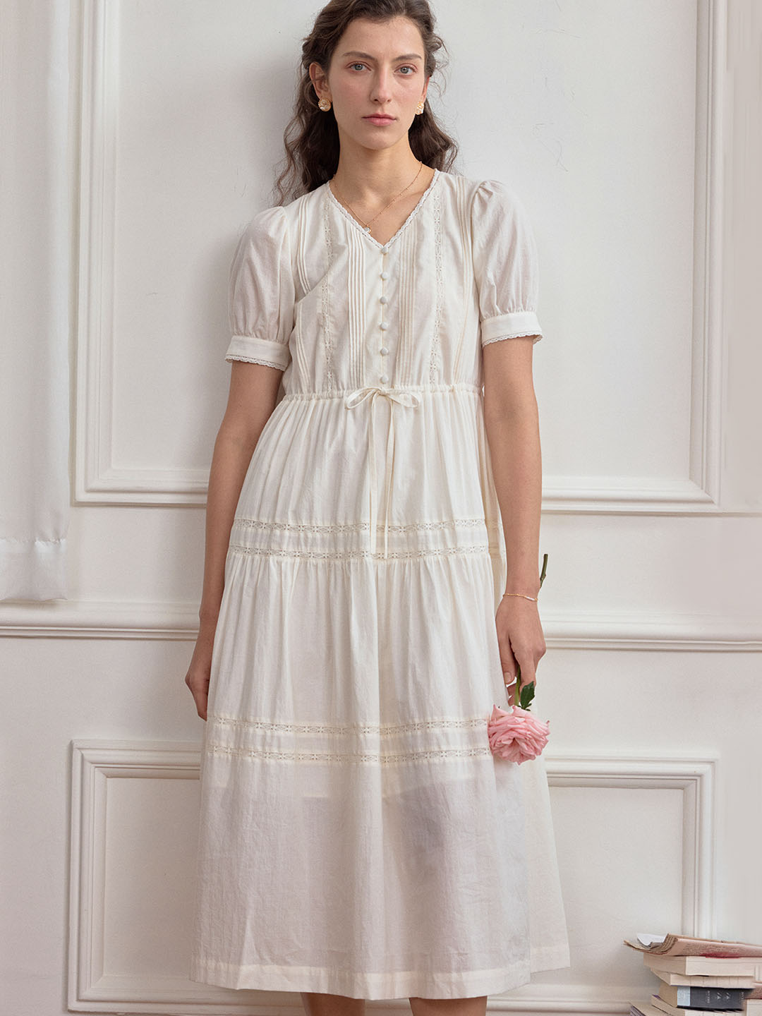 Hattie V-Neck Puff Sleeve Lace Panel Dress