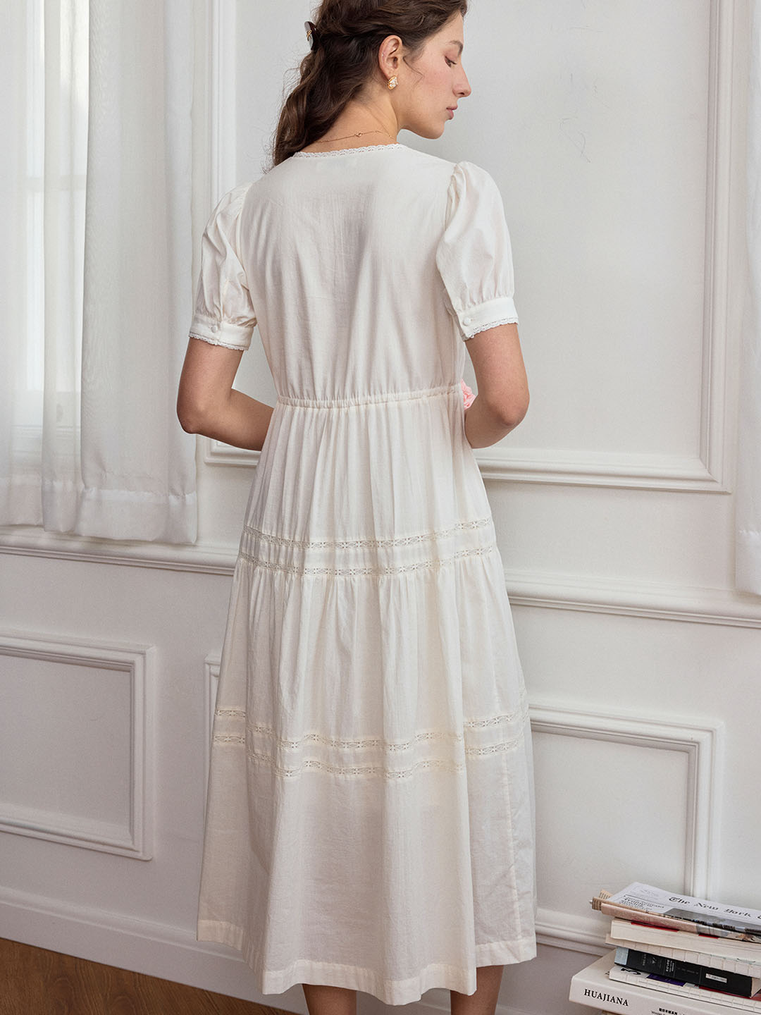 Hattie V-Neck Puff Sleeve Lace Panel Dress