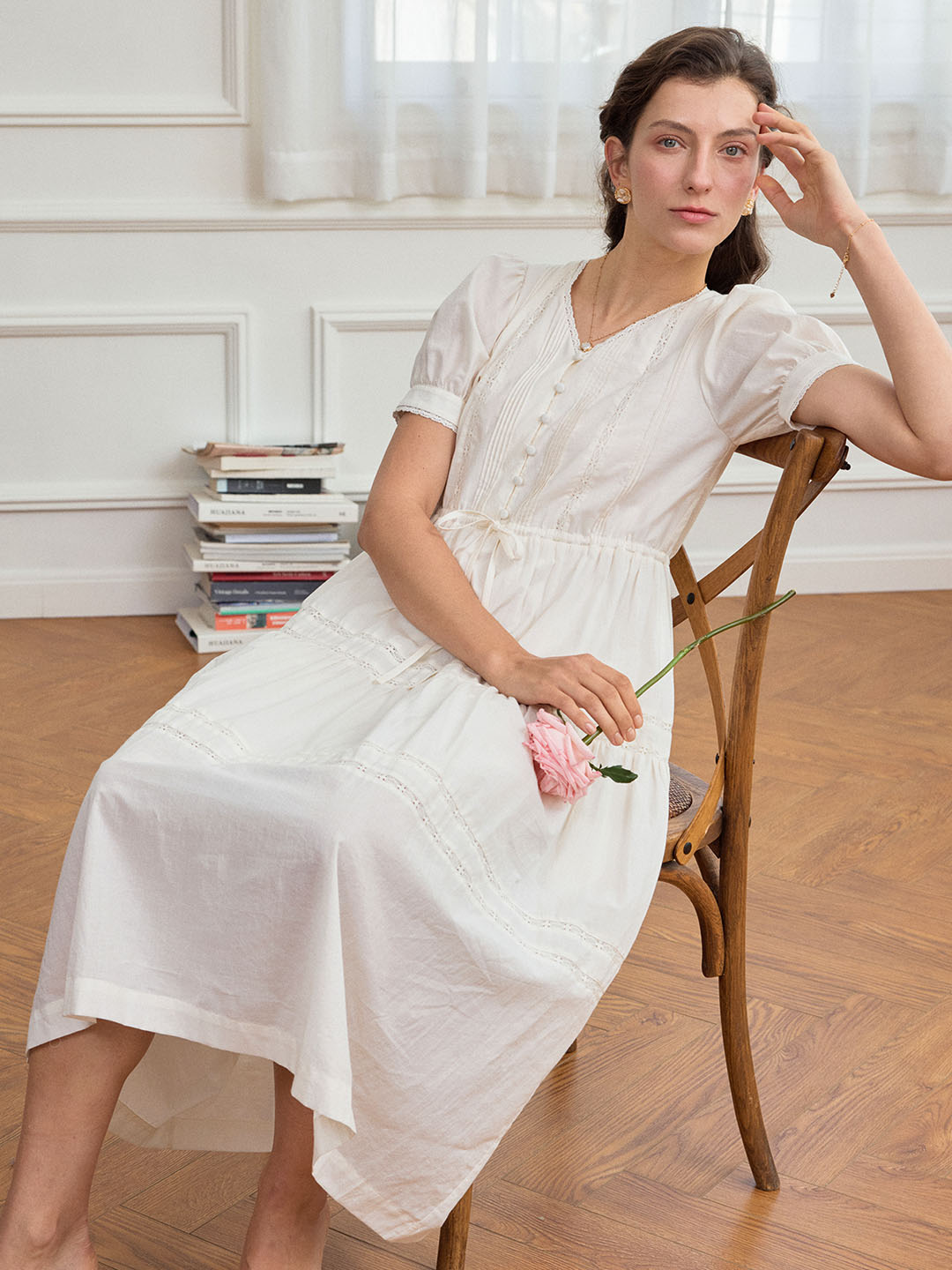Hattie V-Neck Puff Sleeve Lace Panel Dress