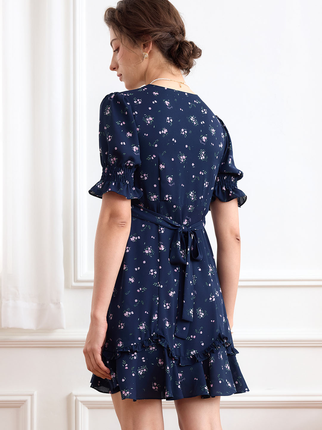 【Final Sale】Nalani Ditsy Floral Print Puff Sleeve Ruffle Hem Dress