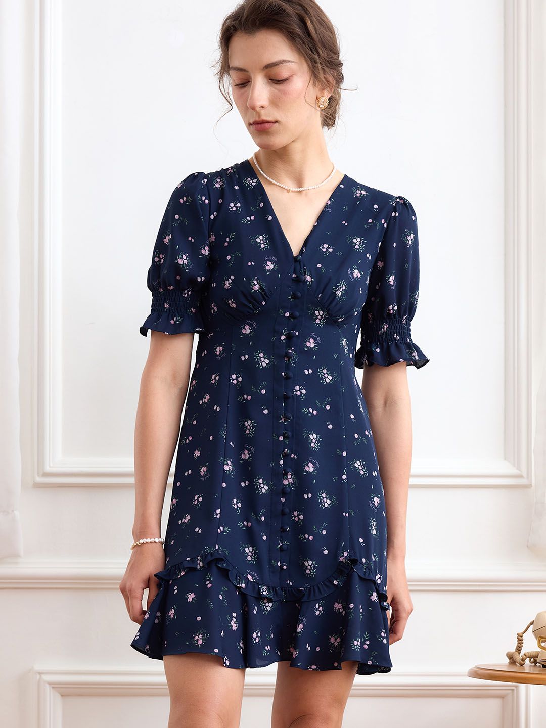 【Final Sale】Nalani Ditsy Floral Print Puff Sleeve Ruffle Hem Dress