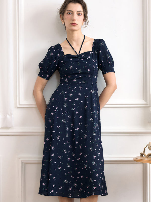 Davina Ditsy Floral Print Knot Front Puff Sleeve Dress