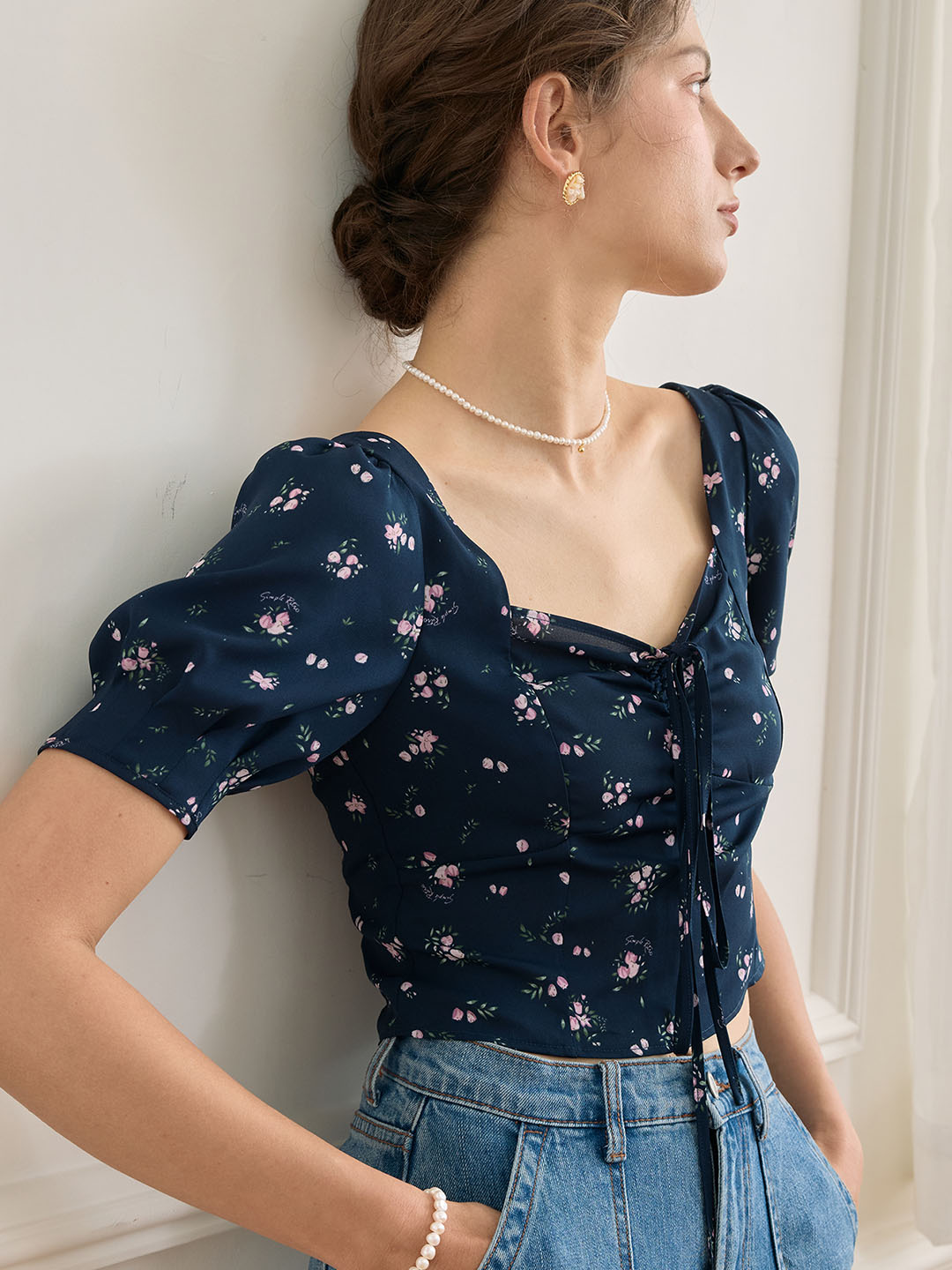 Sasha Ditsy Floral Print Ruched Bust Tie Back Crop Blouse