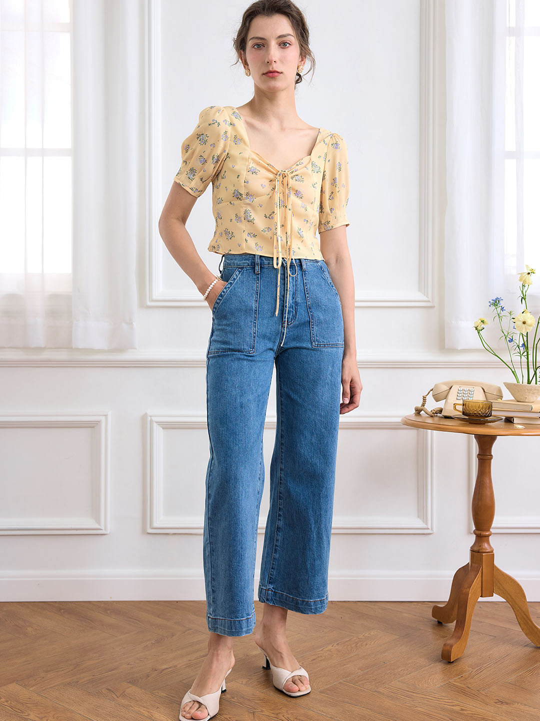 Sasha Ditsy Floral Print Ruched Bust Tie Back Crop Blouse