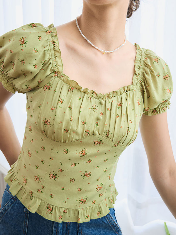 【Final Sale】Nia Ditsy Floral Print Ruched Bust Frill Trim Blouse