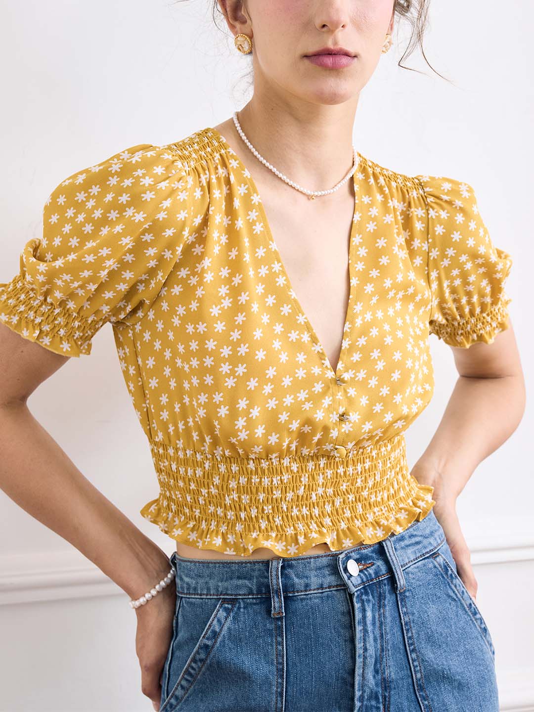 【Final Sale 】Reina V Neck Puff Sleeve Floral Top