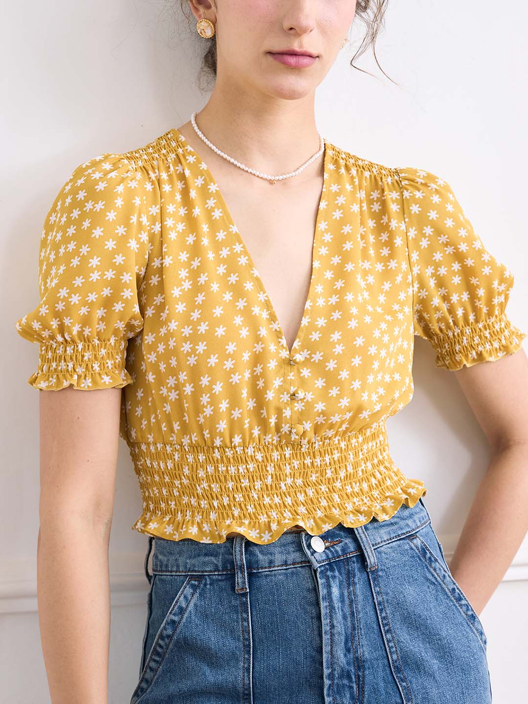 【Final Sale 】Reina V Neck Puff Sleeve Floral Top